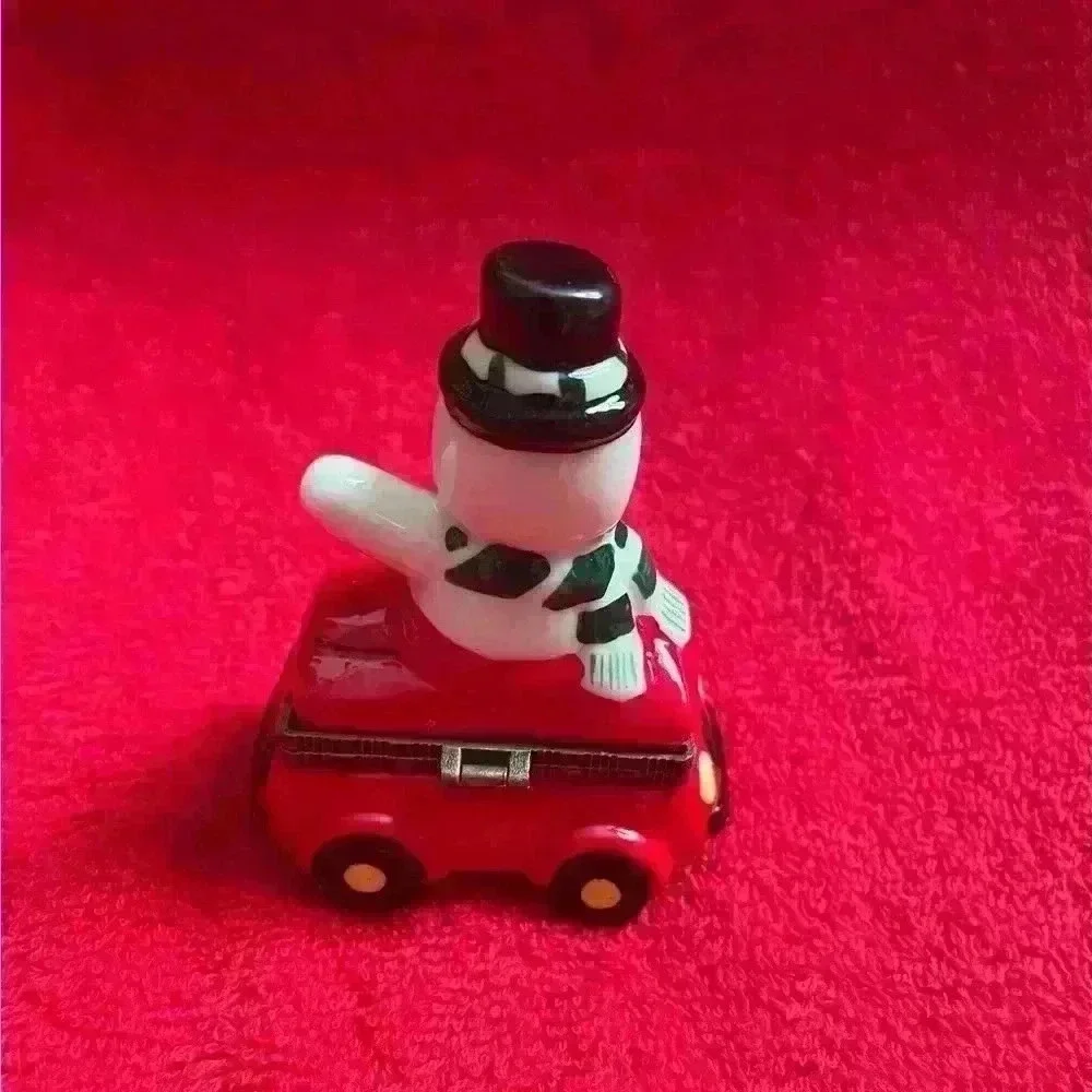Two Vintage Christmas Porcelain Hinged Trinket Boxes Snowman and Sleigh NIB